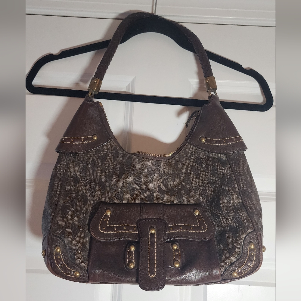 MICHAEL Michael Kors Brown Leather Logo Shoulder Bag Minor Wear (Zipper Jammed)